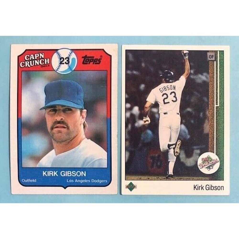 LA Dodgers 2 Kirk Gibson Cards -1989 UD World Series & 1989 Topps Cap’n Crunch